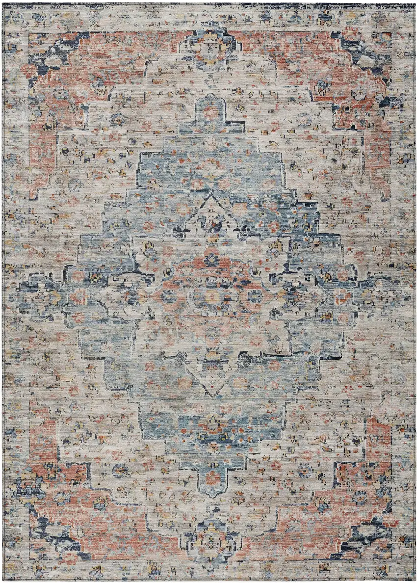 Beige And Denim Blue Medallion Washable Indoor Outdoor Area Rug Photo 1