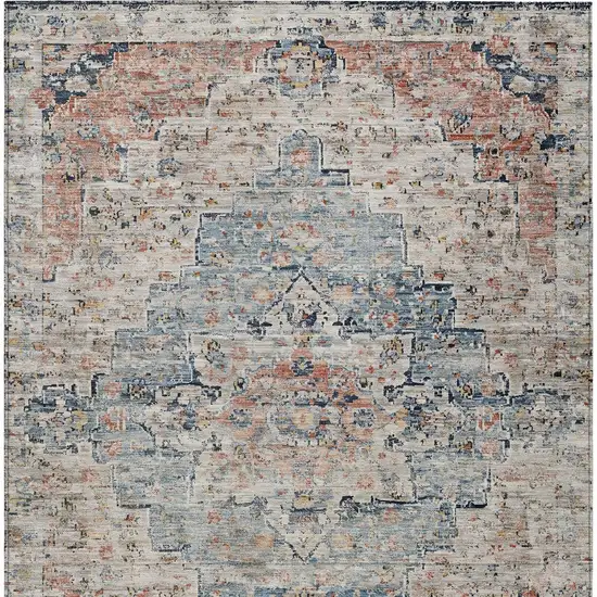 Beige And Denim Blue Medallion Washable Indoor Outdoor Area Rug Photo 9