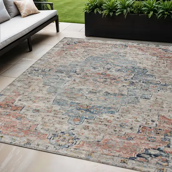 Beige And Denim Blue Medallion Washable Indoor Outdoor Area Rug Photo 2