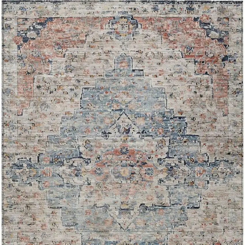Beige And Denim Blue Medallion Washable Indoor Outdoor Area Rug Photo 4