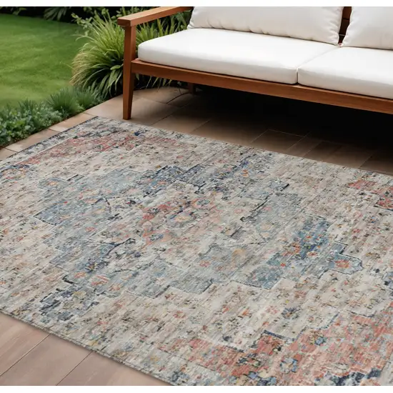 Beige And Denim Blue Medallion Washable Indoor Outdoor Area Rug Photo 2