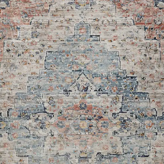 Beige And Denim Blue Medallion Washable Indoor Outdoor Area Rug Photo 8