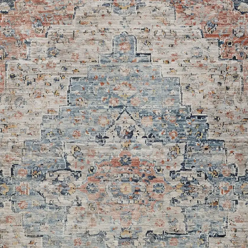 Beige And Denim Blue Medallion Washable Indoor Outdoor Area Rug Photo 8