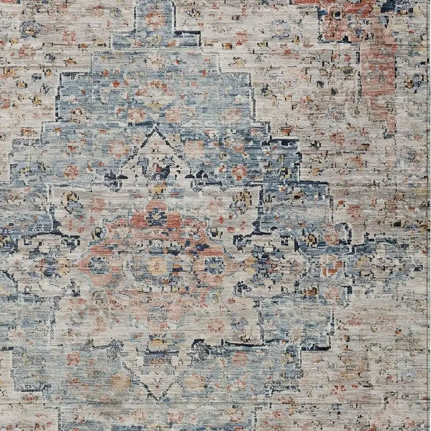 Beige And Denim Blue Medallion Washable Indoor Outdoor Area Rug Photo 3