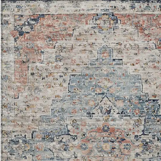 Beige And Denim Blue Medallion Washable Indoor Outdoor Area Rug Photo 3