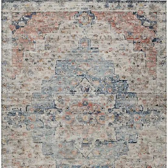 Beige And Denim Blue Medallion Washable Indoor Outdoor Area Rug Photo 4