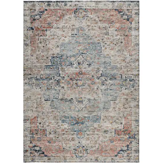 Beige And Denim Blue Medallion Washable Indoor Outdoor Area Rug Photo 4