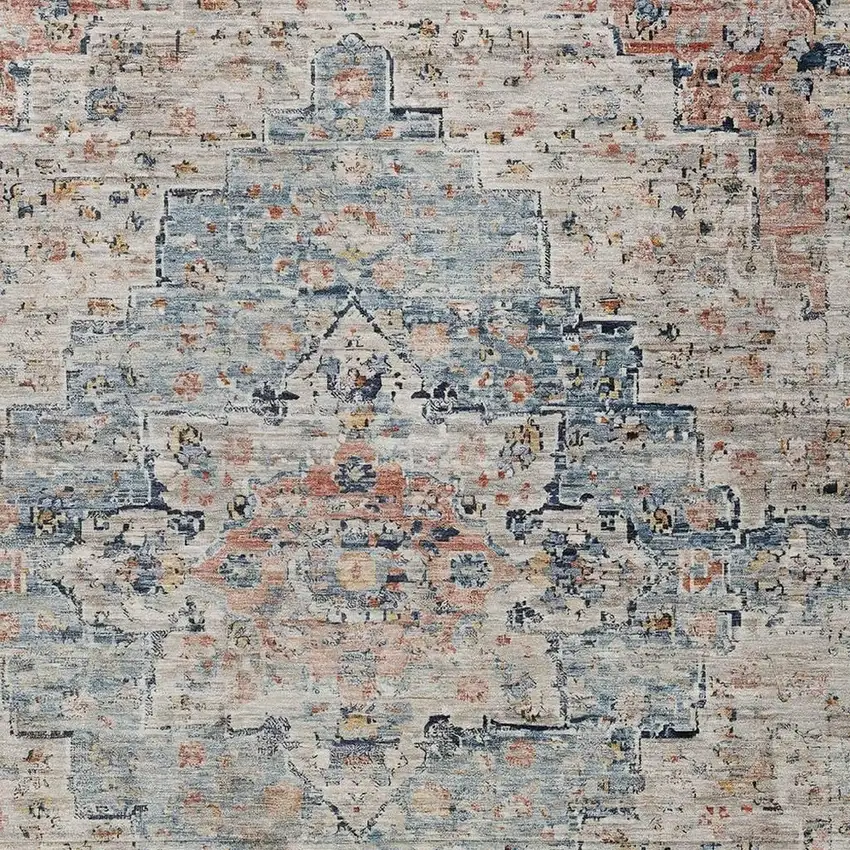 Beige And Denim Blue Medallion Washable Indoor Outdoor Area Rug Photo 3