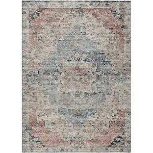 Photo of Beige And Denim Blue Medallion Washable Indoor Outdoor Area Rug