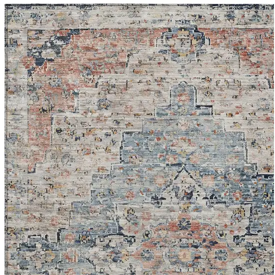 Beige And Denim Blue Medallion Washable Indoor Outdoor Area Rug Photo 8