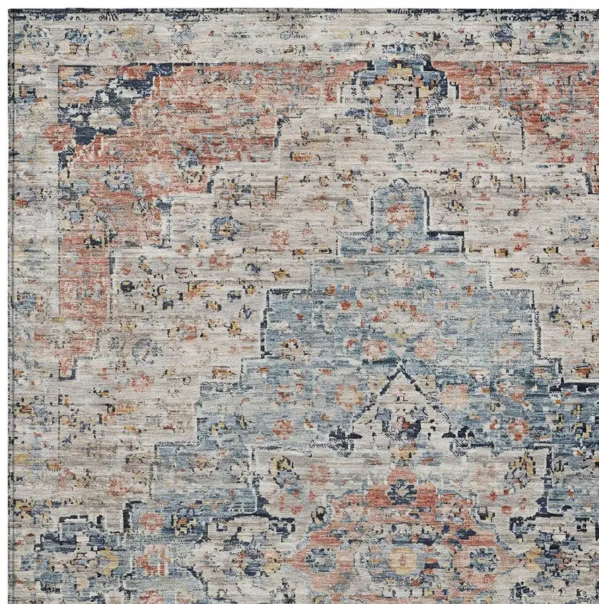 Beige And Denim Blue Medallion Washable Indoor Outdoor Area Rug Photo 8