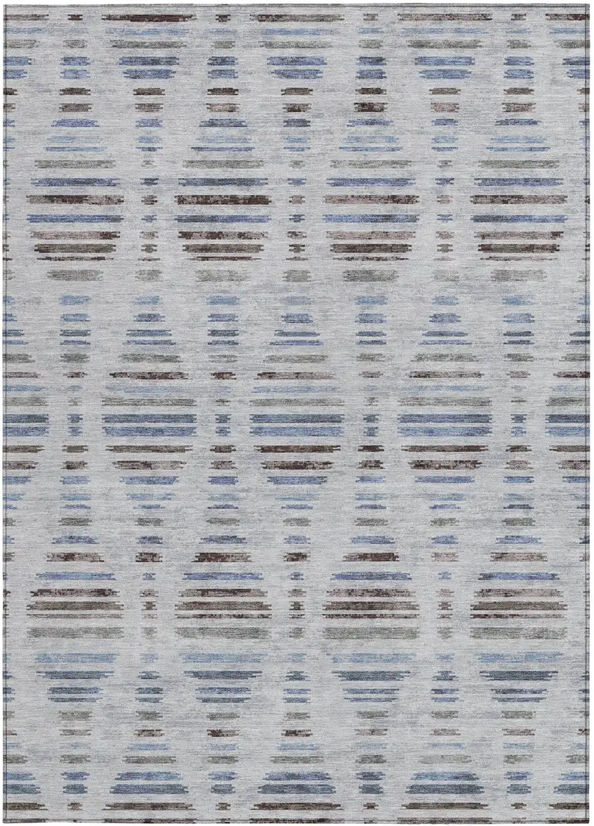 Beige And Denim Blue Striped Washable Indoor Outdoor Area Rug Photo 1