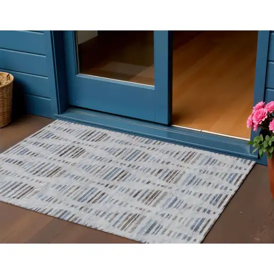 Beige And Denim Blue Striped Washable Indoor Outdoor Area Rug Photo 2