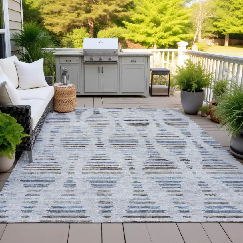 Beige And Denim Blue Striped Washable Indoor Outdoor Area Rug Photo 4