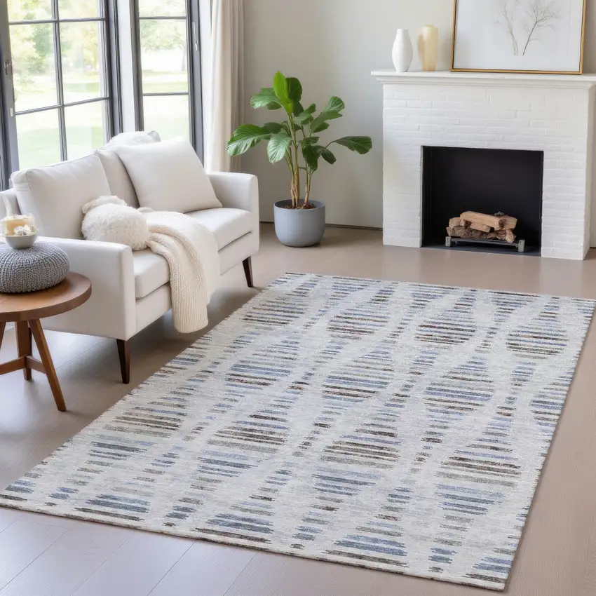 Beige And Denim Blue Striped Washable Indoor Outdoor Area Rug Photo 5