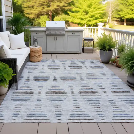 Beige And Denim Blue Striped Washable Indoor Outdoor Area Rug Photo 4