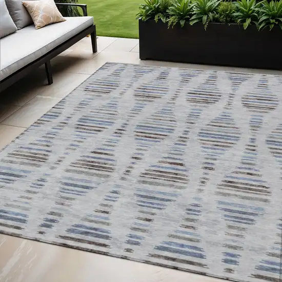 Beige And Denim Blue Striped Washable Indoor Outdoor Area Rug Photo 2