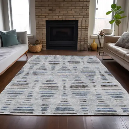 Beige And Denim Blue Striped Washable Indoor Outdoor Area Rug Photo 6