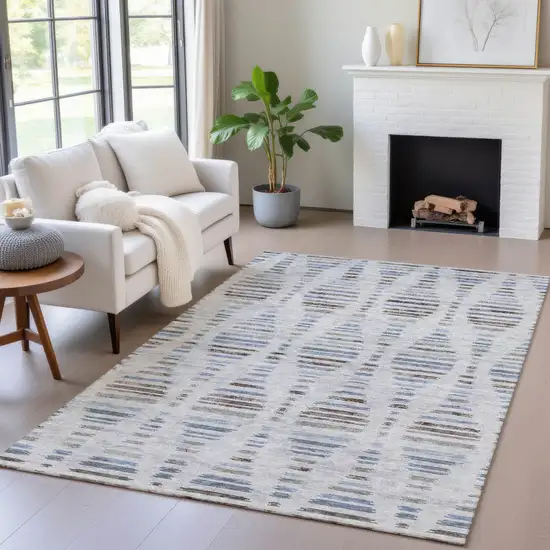 Beige And Denim Blue Striped Washable Indoor Outdoor Area Rug Photo 5