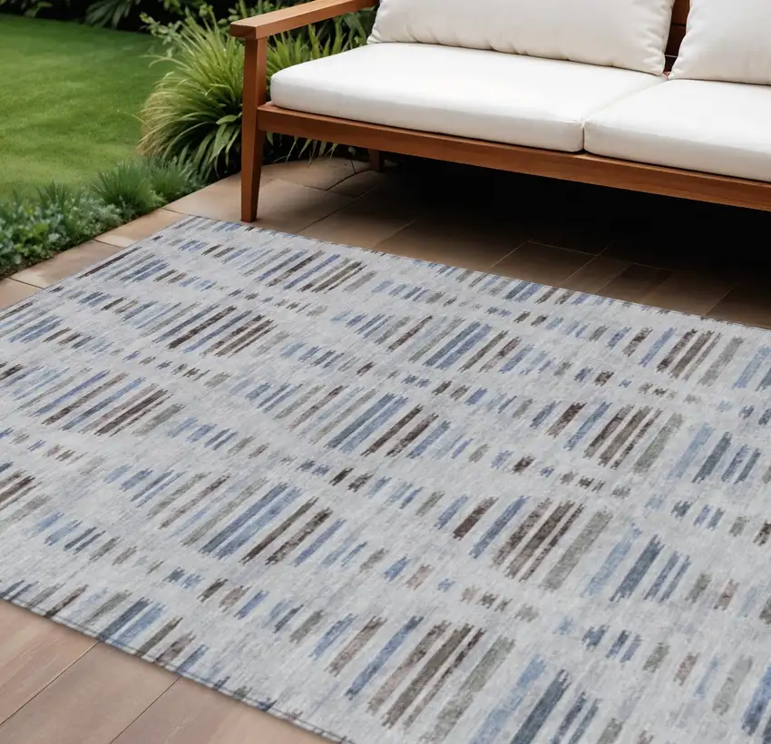 Beige And Denim Blue Striped Washable Indoor Outdoor Area Rug Photo 2