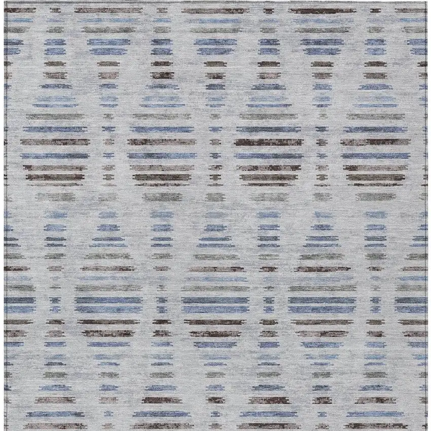 Beige And Denim Blue Striped Washable Indoor Outdoor Area Rug Photo 9