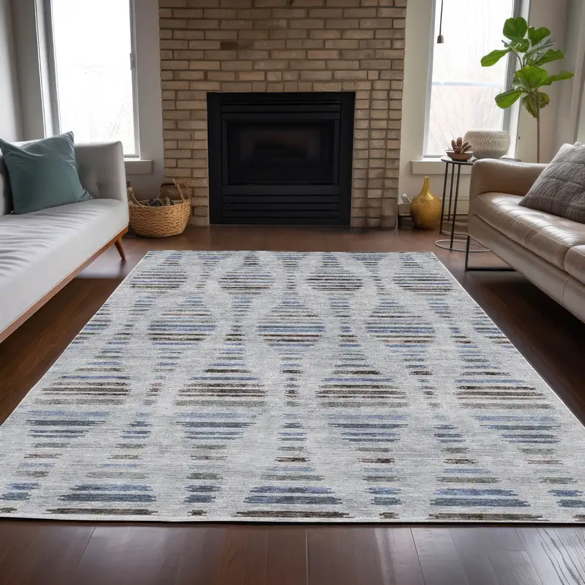 Beige And Denim Blue Striped Washable Indoor Outdoor Area Rug Photo 6