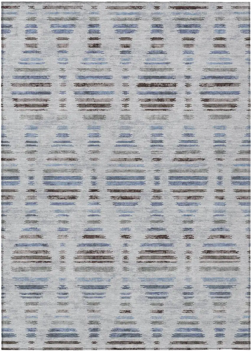 Beige And Denim Blue Striped Washable Indoor Outdoor Area Rug Photo 8
