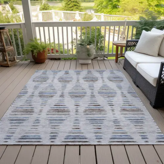 Beige And Denim Blue Striped Washable Indoor Outdoor Area Rug Photo 7