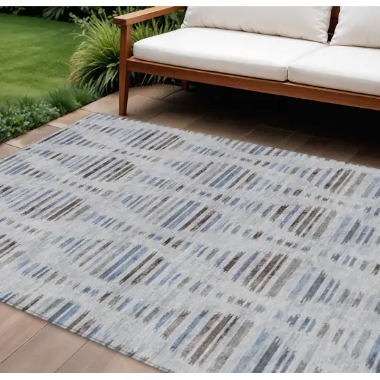Beige And Denim Blue Striped Washable Indoor Outdoor Area Rug Photo 2