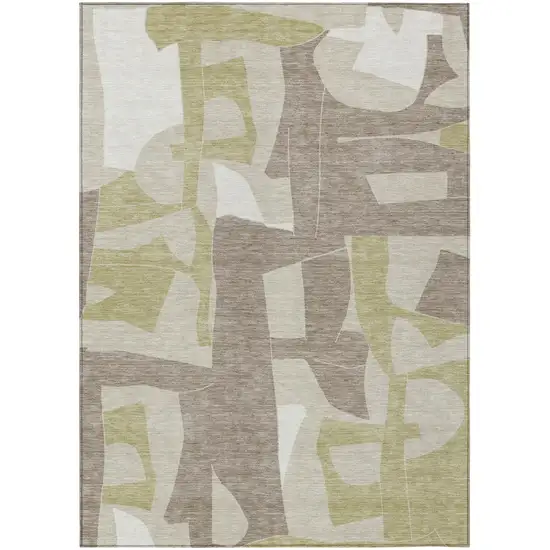 Beige And Fern Green Geometric Washable Indoor Outdoor Area Rug Photo 1