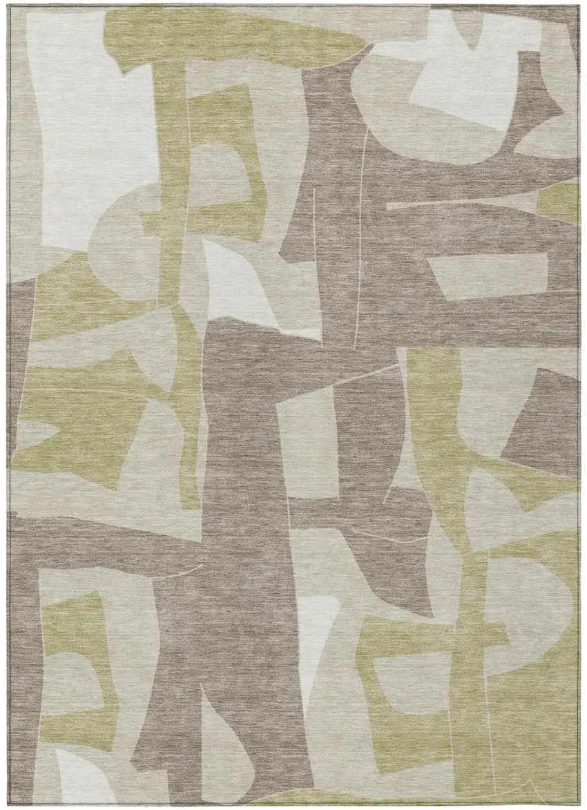 Beige And Fern Green Geometric Washable Indoor Outdoor Area Rug Photo 1