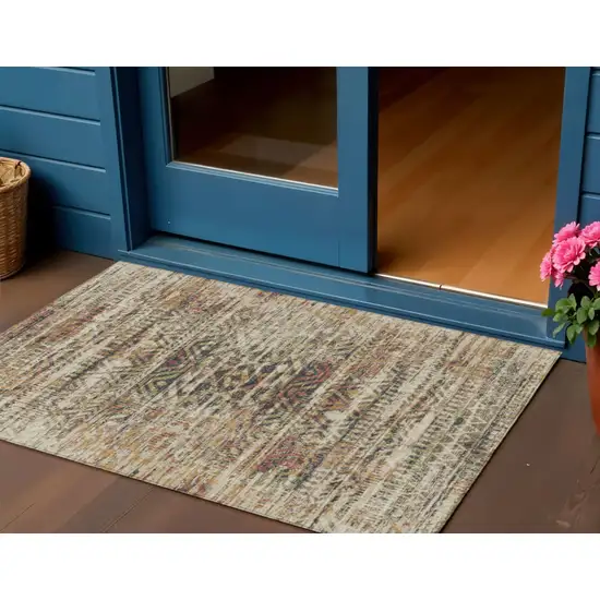 Beige And Fern Green Moroccan Washable Indoor Outdoor Area Rug Photo 2