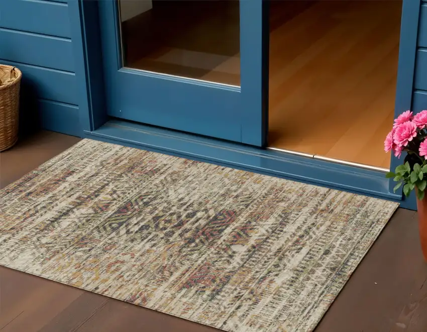 Beige And Fern Green Moroccan Washable Indoor Outdoor Area Rug Photo 2