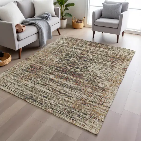 Beige And Fern Green Moroccan Washable Indoor Outdoor Area Rug Photo 5