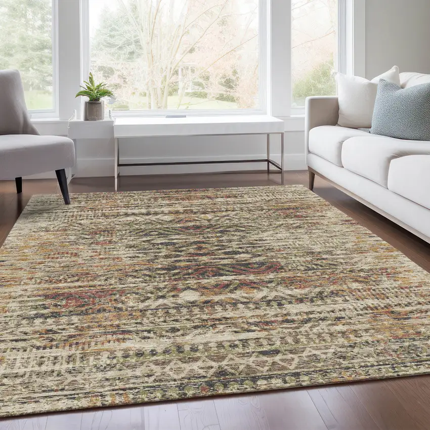 Beige And Fern Green Moroccan Washable Indoor Outdoor Area Rug Photo 6