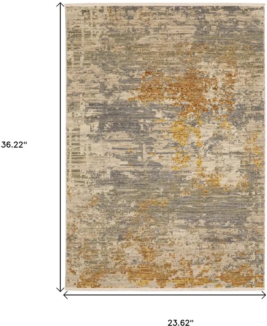 Beige And Gold Abstract Area Rug With Fringe Photo 3