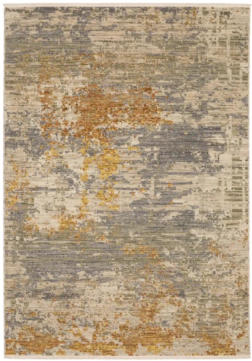 Beige And Gold Abstract Area Rug With Fringe Photo 7