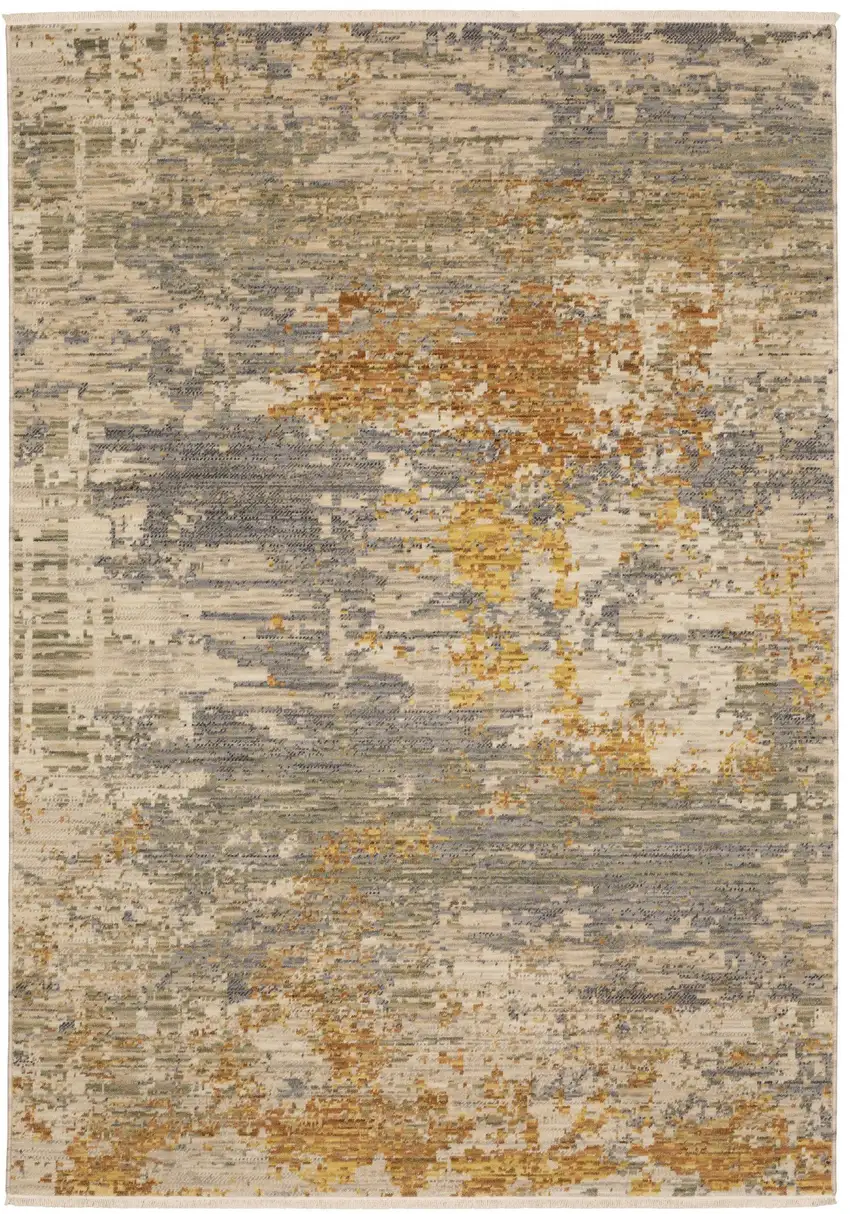 Beige And Gold Abstract Area Rug With Fringe Photo 2