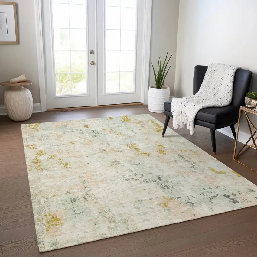 Beige And Gold Abstract Washable Indoor Outdoor Area Rug Photo 6