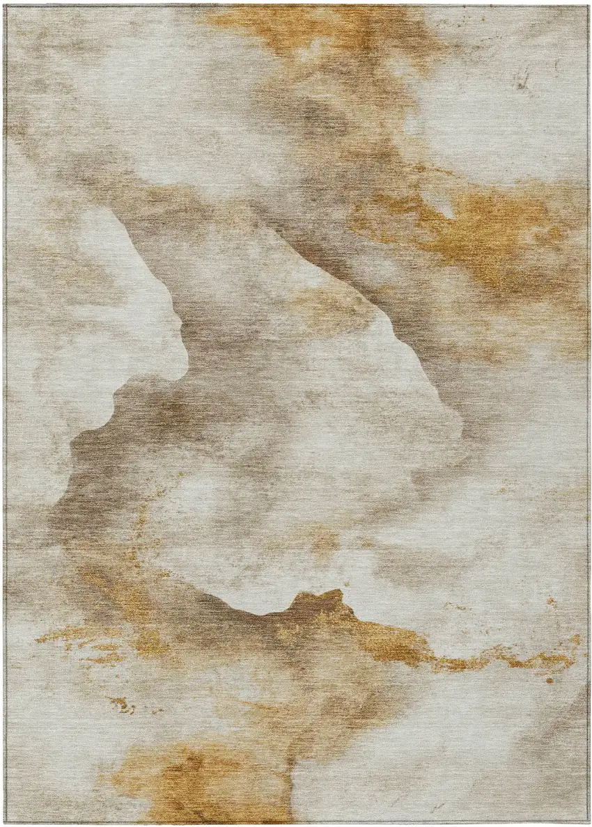 Beige And Gold Abstract Washable Indoor Outdoor Area Rug Photo 1