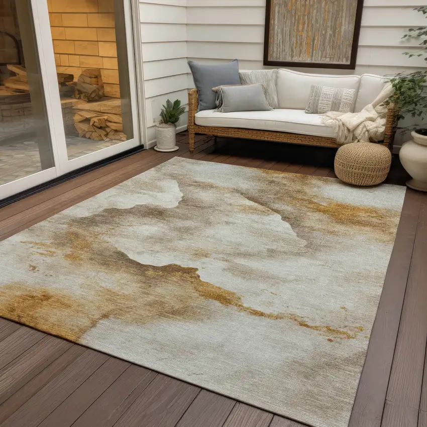 Beige And Gold Abstract Washable Indoor Outdoor Area Rug Photo 6