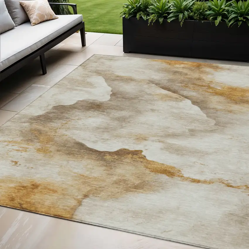 Beige And Gold Abstract Washable Indoor Outdoor Area Rug Photo 2
