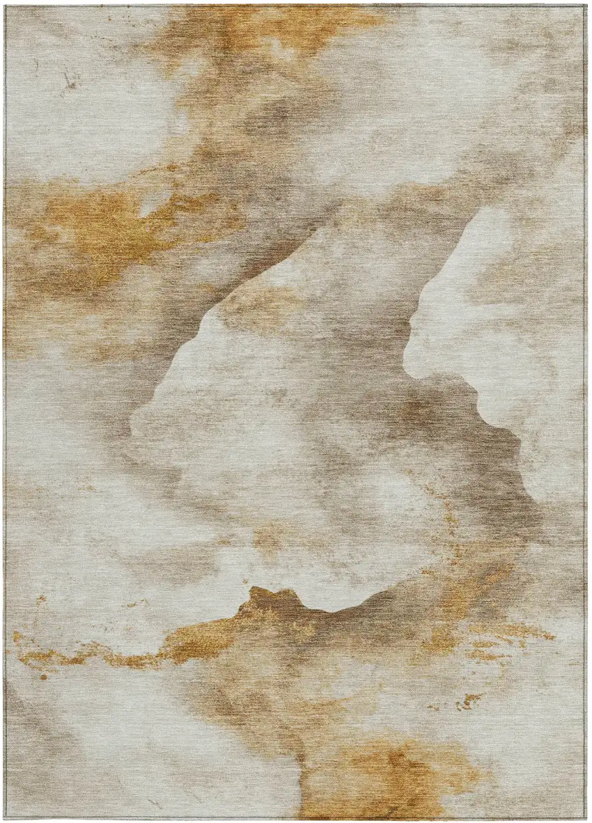Beige And Gold Abstract Washable Indoor Outdoor Area Rug Photo 4