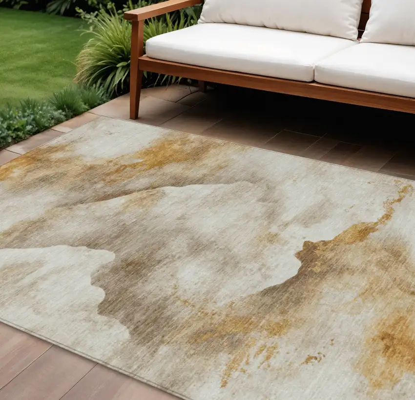 Beige And Gold Abstract Washable Indoor Outdoor Area Rug Photo 2