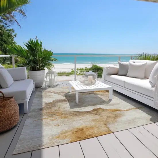 Beige And Gold Abstract Washable Indoor Outdoor Area Rug Photo 9