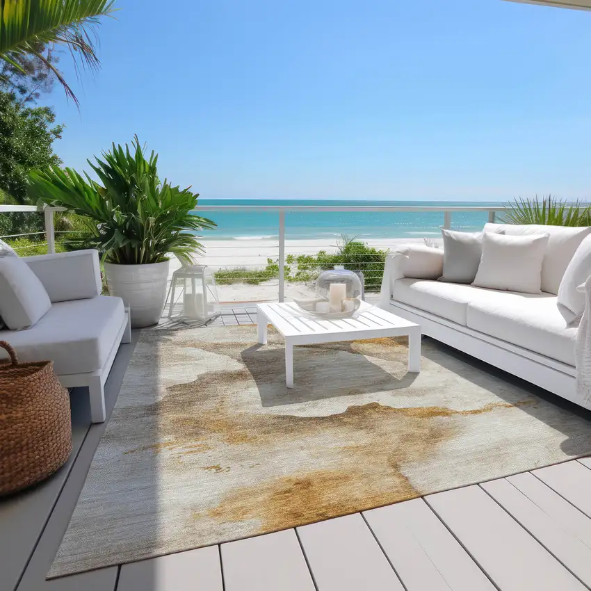 Beige And Gold Abstract Washable Indoor Outdoor Area Rug Photo 9