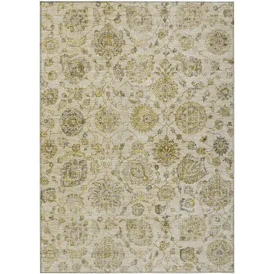 Beige And Gold Damask Washable Indoor Outdoor Area Rug Photo 1
