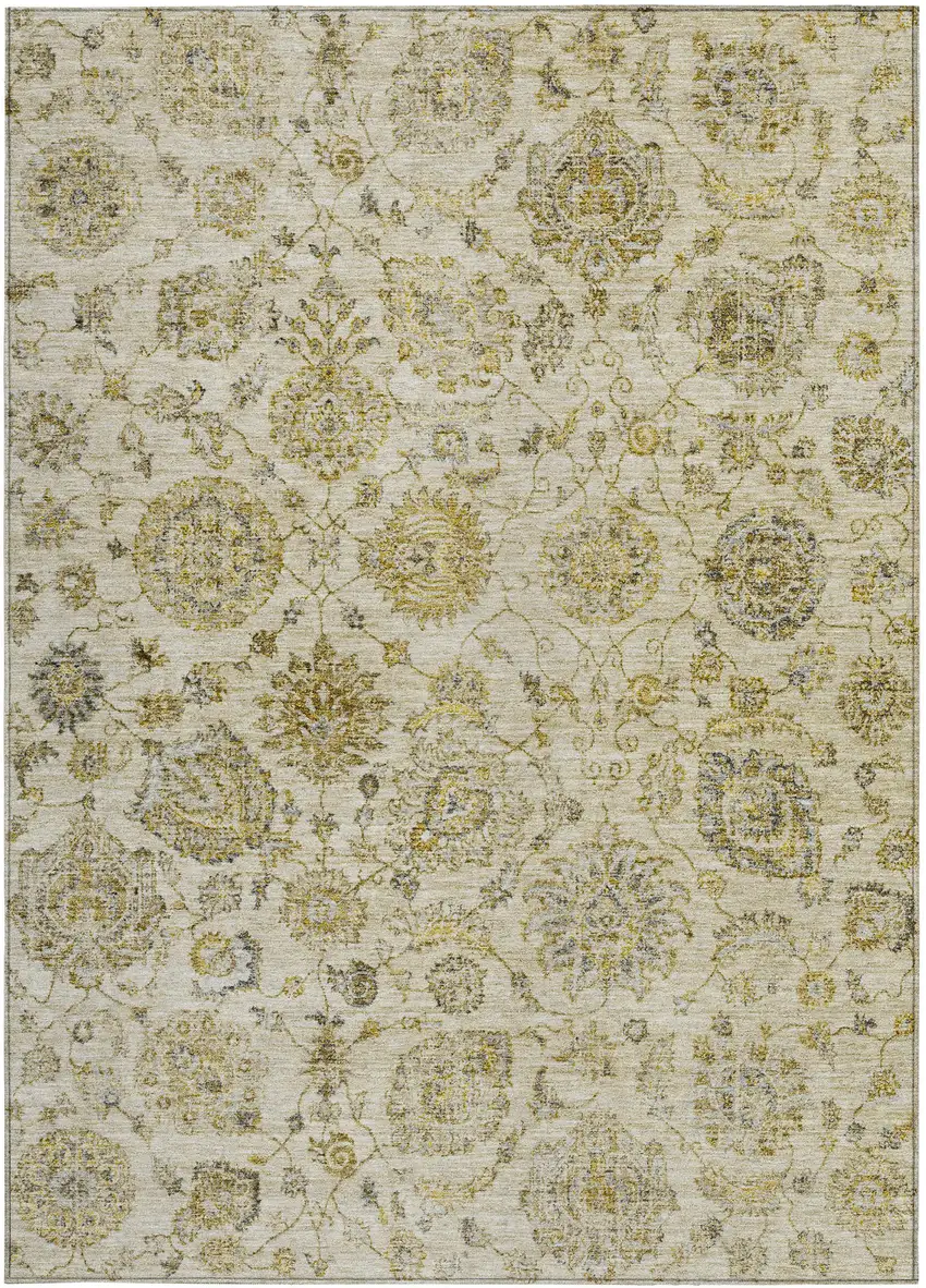 Beige And Gold Damask Washable Indoor Outdoor Area Rug Photo 4