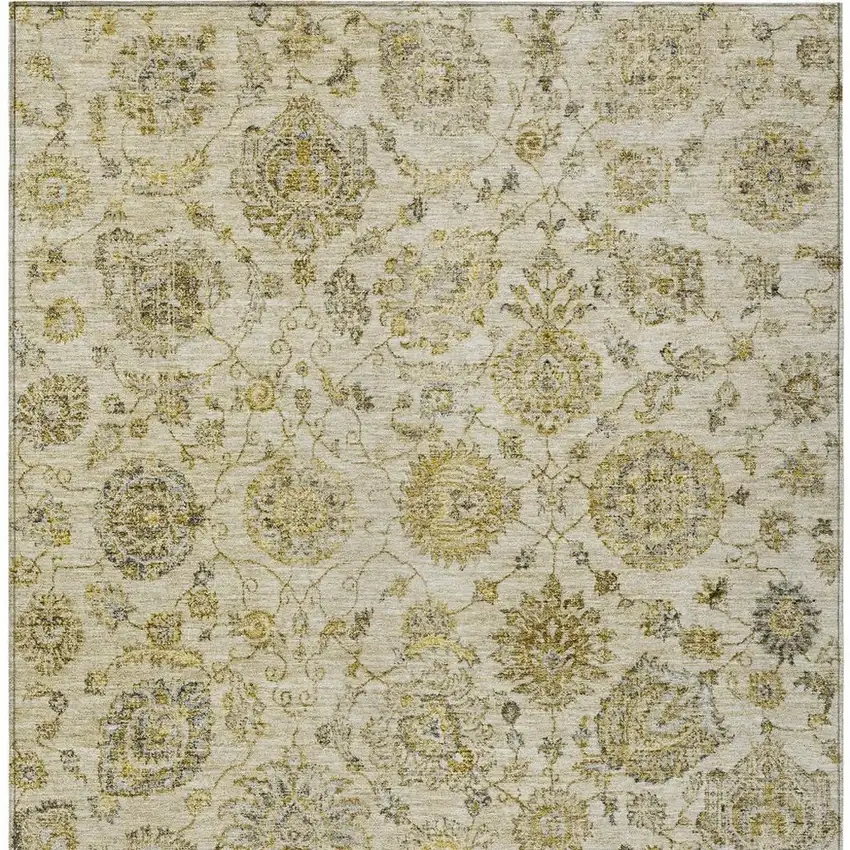 Beige And Gold Damask Washable Indoor Outdoor Area Rug Photo 3