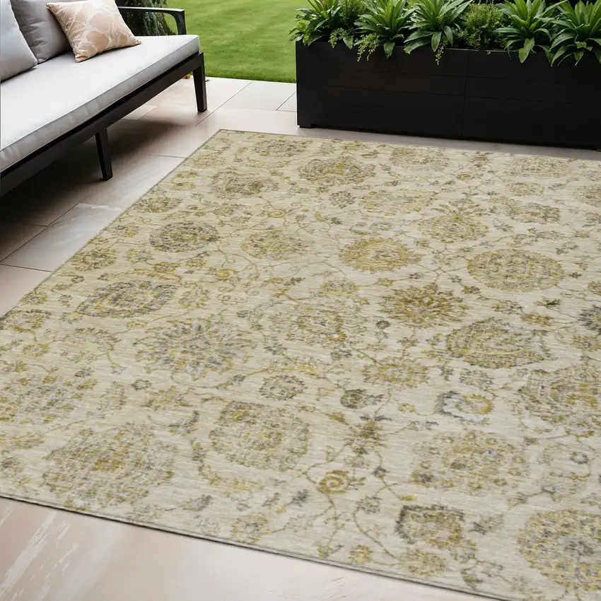 Beige And Gold Damask Washable Indoor Outdoor Area Rug Photo 2